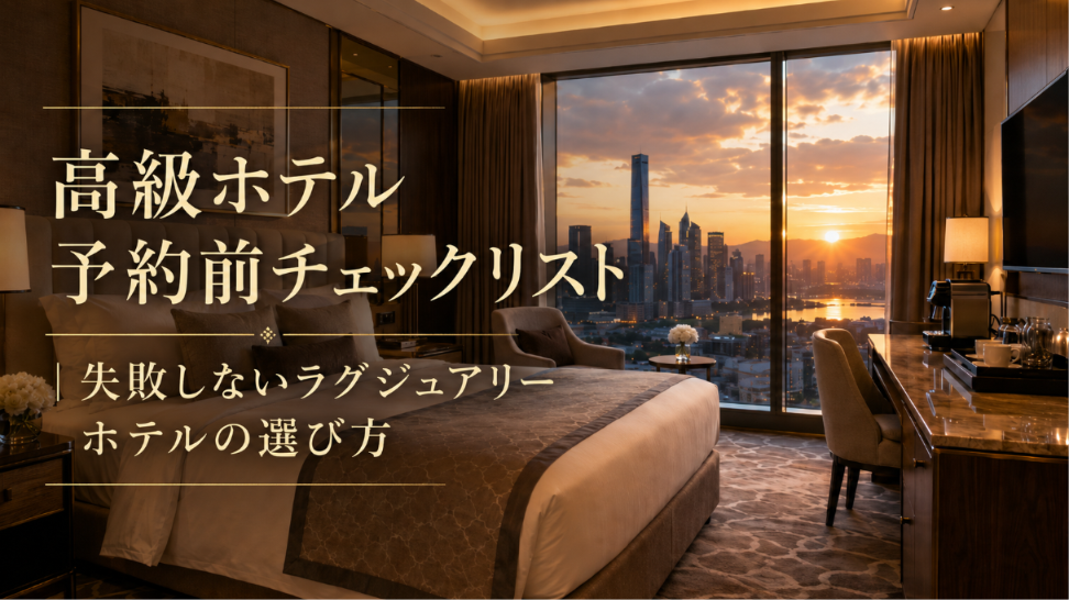 夕日の見える高級ホテル客室を背景にした高級ホテル予約前チェックリストの記事アイキャッチ画像